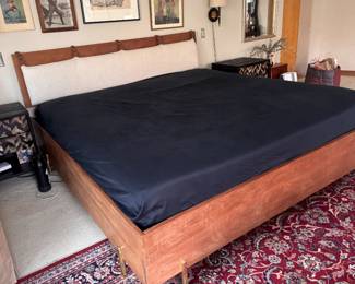 Solid wood king size bed made by local Brooklyn artist with linen and leather accents from Anthropologie