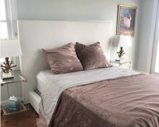 White restoration hardware linen bed - queen size. Vintage glass side tables