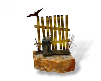 13 SignedVintageBrutalistMetalSculptureonStoneBaseBirdFence