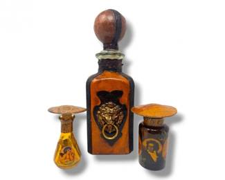 61 ItalianLeatherWrappedDecanterwVintageApothecaryStyleBottles