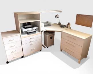 74 CompleteWhiteCornerDeskOfficeSetwStoragePrinterShredder