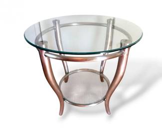 24 LargeRoundGlassSideTablewBrushedMetalCurvedBase