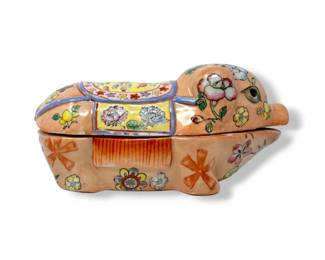 87 VintageHandPaintedFloralCeramicPigTrinketBox