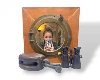 58 VintagePortholeWallShelfwAntiqueBinocularsPulleyBlock