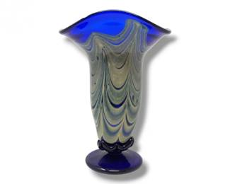 54 SignedBlownGlassArtVaseBlueSwirlRuffledRim
