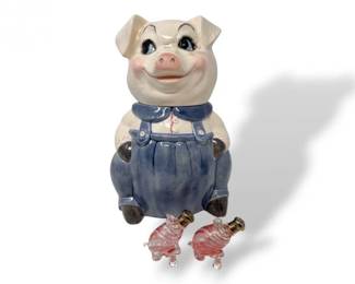 47 VintagePigCookieJarwBlownGlassPigSaltPepperShakers