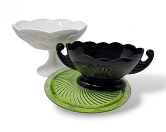 37 VintageMilkGlassPedestalBlackFruitBowlDepressionGlassPlate