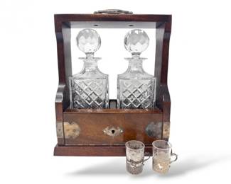 3 VintageDecanterSetwWoodCaddyAntique800SilverShotGlasses