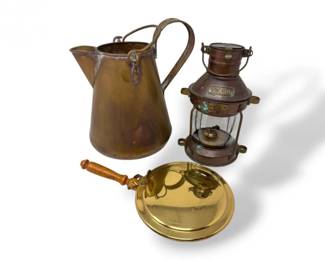 45 CopperPitcherMadeinHollandwAnchorLanternBrassBedWarmer
