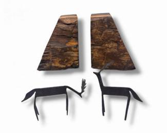 57 RusticWoodBookendswPrimitiveIronDeerFigurines