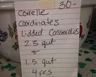 	#62		CorningWare coordinates lidded casserole set, includes 2.5 qt and 1.5 qt (4 pieces total)	 $ 30.00 																							