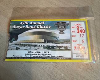 	#67	KW	Authentic vintage Alabama “Roll Tide” 45th Sugar Bowl ticket with medallion pendant necklace	 $ 200.00 																								#67	KW	Authentic vintage Alabama “Roll Tide” 45th Sugar Bowl ticket with medallion pendant necklace	 $ 200.00 																							