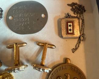 	#80	KW	WWI/WWII military jewelry lot (James Ford Davidson dog tag bracelet, US Naval Reserves dog tag, National Defense medal, ruptured duck discharge pin, WWII US Navy officer 12k gold-filled cufflinks)	 $ 260.00 																								#80	KW	WWI/WWII military jewelry lot (James Ford Davidson dog tag bracelet, US Naval Reserves dog tag, National Defense medal, ruptured duck discharge pin, WWII US Navy officer 12k gold-filled cufflinks)	 $ 260.00 																							
