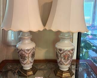 	#100		Hollywood Regency Pair of Lamps w/luster ware gold gilt floarl design. made in france. 33"	 $ 100.00 																							