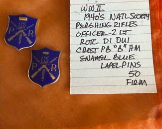 	#82	KW	WWII 1940s National Society Pershing Rifles officer ROTC enamel blue lapel pins (pair)	 $ 50.00 																							
