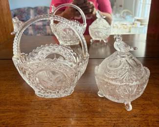 	#50		MCM Hofbauer “Byrdes” 2 piece lot including candy dish with bird lid and handled basket with bird detail.	 $ 38.00 																							