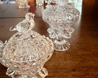 	#53		West Germany Hofbauer “Byrdes” 4 piece lot including egg ring box with bird lid (2.5" x 3"), bird bell (4" x 3"), vanity box with bird lid, and vanity pedestal with bird lid.	 $ 35.00 																							