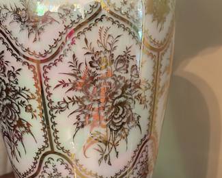 	#100		Hollywood Regency Pair of Lamps w/luster ware gold gilt floarl design. made in france. 33"	 $ 100.00 																							