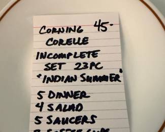 	#37		Corning Corelle “Indian Summer” dish set, incomplete. 23 pieces total including 5 dinner plates, 4 salad plates, 5 saucers, and 8 coffee cups.	 $ 45.00 																							