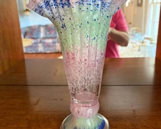 	#55		MCM Murano style splatter glass vase, 11.5" H.	 $ 40.00 																							