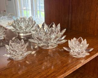 	#46		Godinger by Shannon crystal Ireland candle holders, 3 piece set “Lotus”. Includes 1 large (9" W x 4.75" H) and 2 small (5" W x 3" H). Heavy.	 $ 40.00 																							