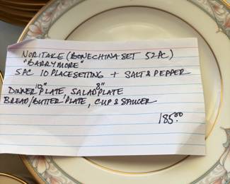 	#41		Noritake “Barrymore” bone china set, 52 pieces. Service for 10 including dinner plates, salad plates, bread/butter plates, cups and saucers. Includes salt and pepper set.	 $ 185.00 																							