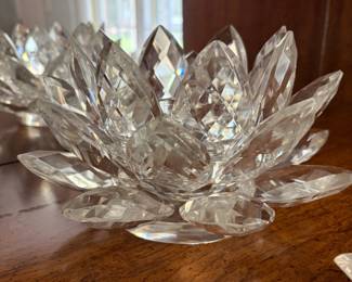 	#46		Godinger by Shannon crystal Ireland candle holders, 3 piece set “Lotus”. Includes 1 large (9" W x 4.75" H) and 2 small (5" W x 3" H). Heavy.	 $ 40.00 																							