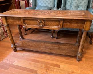 	#8		Wood-look sofa table with faux drawer and lower shelf (15 x 48 x 27)	 $ 75.00 																							