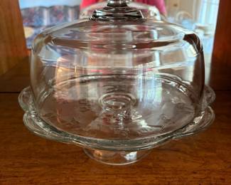 	#54		MCM Anchor Hocking cake stand pedestal “Savannah” with clear dome lid. 11" H x 12".	 $ 32.00 																							