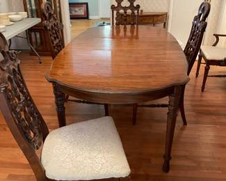 	#1		Dining room table with (4) chairs, cream upholstery, carved backs, includes (1) leaf (65–77 x 42 x 30)	 $ 150.00 																							