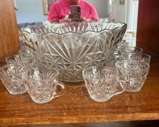 	#59		MCM Anchor Hocking punch bowl set with bowl, 8 cups, and ladle	 $ 30.00 																							