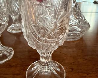 	#52		West Germany Hofbauer “Byrdes” cordial decanter with stopper and 6 cordial glasses. Decanter 6.5", glasses 3".	 $ 35.00 																							