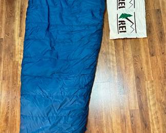 	#90	RA	REI down mummy sleeping bag with storage bag, navy (88" long, as-is repair on back seam)	 $ 50.00 																							