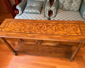 	#8		Wood-look sofa table with faux drawer and lower shelf (15 x 48 x 27)	 $ 75.00 																							