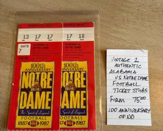 	#68	KW	Vintage authentic Alabama vs Notre Dame football ticket stubs (2), 100th anniversary Notre Dame	 $ 75.00 																							
