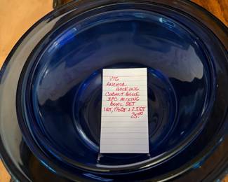 	#65		Vintage Anchor Hocking cobalt blue 3 piece mixing bowl set (1 qt, 1.5 qt, 2.5 qt)	 $ 25.00 																							