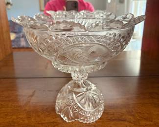 	#49		West Germany Hofbauer “Byrdes” pedestal compote, sawtooth/bird design. 9" x 10.5".	 $ 40.00 																							