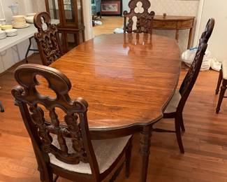 	#1		Dining room table with (4) chairs, cream upholstery, carved backs, includes (1) leaf (65–77 x 42 x 30)	 $ 150.00 																							