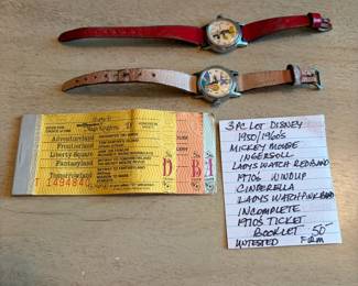 	#76	KW	3 piece Disney lot (1950s–70s ticket booklet + Ingersoll Mickey Mouse watch + Cinderella wind-up watch, untested)	 $ 50.00 																							