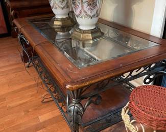 	#15		Glass-top coffee table with faux leather insert and pewter grapevine base (48 x 26.5 x 19)	 $ 80.00 																								#15		Glass-top coffee table with faux leather insert and pewter grapevine base (48 x 26.5 x 19)	 $ 80.00 																							