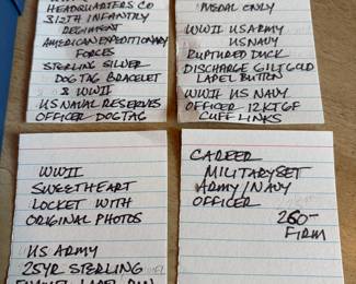 	#80	KW	WWI/WWII military jewelry lot (James Ford Davidson dog tag bracelet, US Naval Reserves dog tag, National Defense medal, ruptured duck discharge pin, WWII US Navy officer 12k gold-filled cufflinks)	 $ 260.00 																							