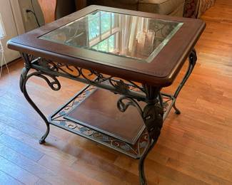 	#16		Glass-top side table with faux leather insert and pewter grapevine base (26 x 26 x 22)	 $ 75.00 																							