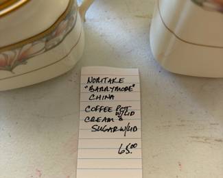	#42		Noritake “Barrymore” china coffee pot with cream and sugar with lid.	 $ 65.00 																							