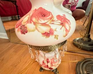 	#44		Vintage painted milk glass “Gone with the Wind” era parlor lamp. 21".	 $ 75.00 																							