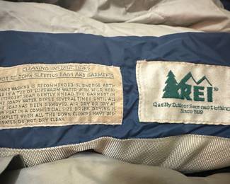 	#90	RA	REI down mummy sleeping bag with storage bag, navy (88" long, as-is repair on back seam)	 $ 50.00 																							