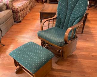 	#5		Wood nursery rocker/glider with green upholstery and footrest (as-is finish)	 $ 65.00 																							