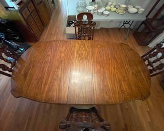 	#1		Dining room table with (4) chairs, cream upholstery, carved backs, includes (1) leaf (65–77 x 42 x 30)	 $ 150.00 																							
