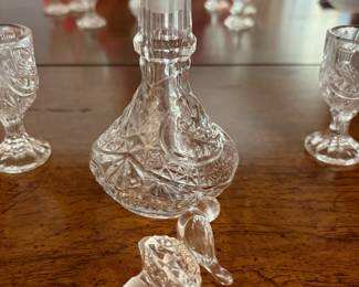 	#52		West Germany Hofbauer “Byrdes” cordial decanter with stopper and 6 cordial glasses. Decanter 6.5", glasses 3".	 $ 35.00 																							