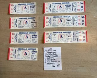 	#72	KW	WFL Birmingham Americans 1974 football season ticket lot (7 total, 4 used stubs, 3 unused full tickets)	 $ 75.00 																							