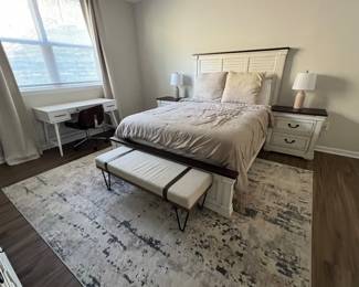 Queen bed with mattress $375 Bench $100 Rug $100 Desk $150 Desk chair $60
